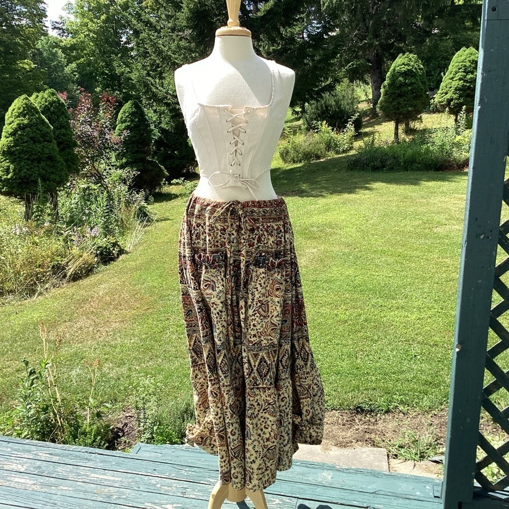 Tiered boho cottagecore upcycled bedspread elastic drawstring maxi skirt SM - XL